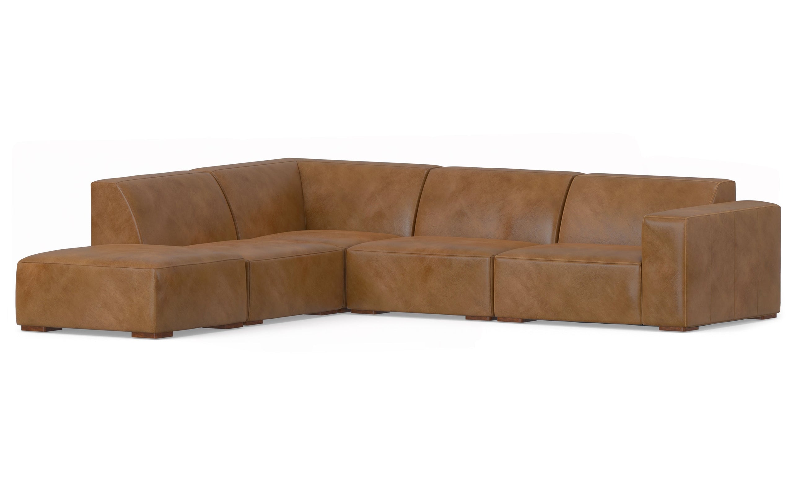 Caramel Brown Genuine Leather | Rex Left Sectional and Ottoman in Genuine Leather