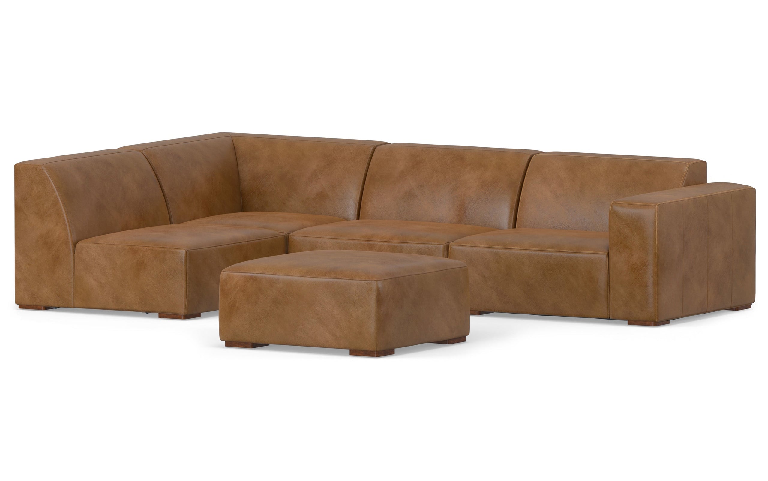 Caramel Brown Genuine Leather | Rex Left Sectional and Ottoman in Genuine Leather