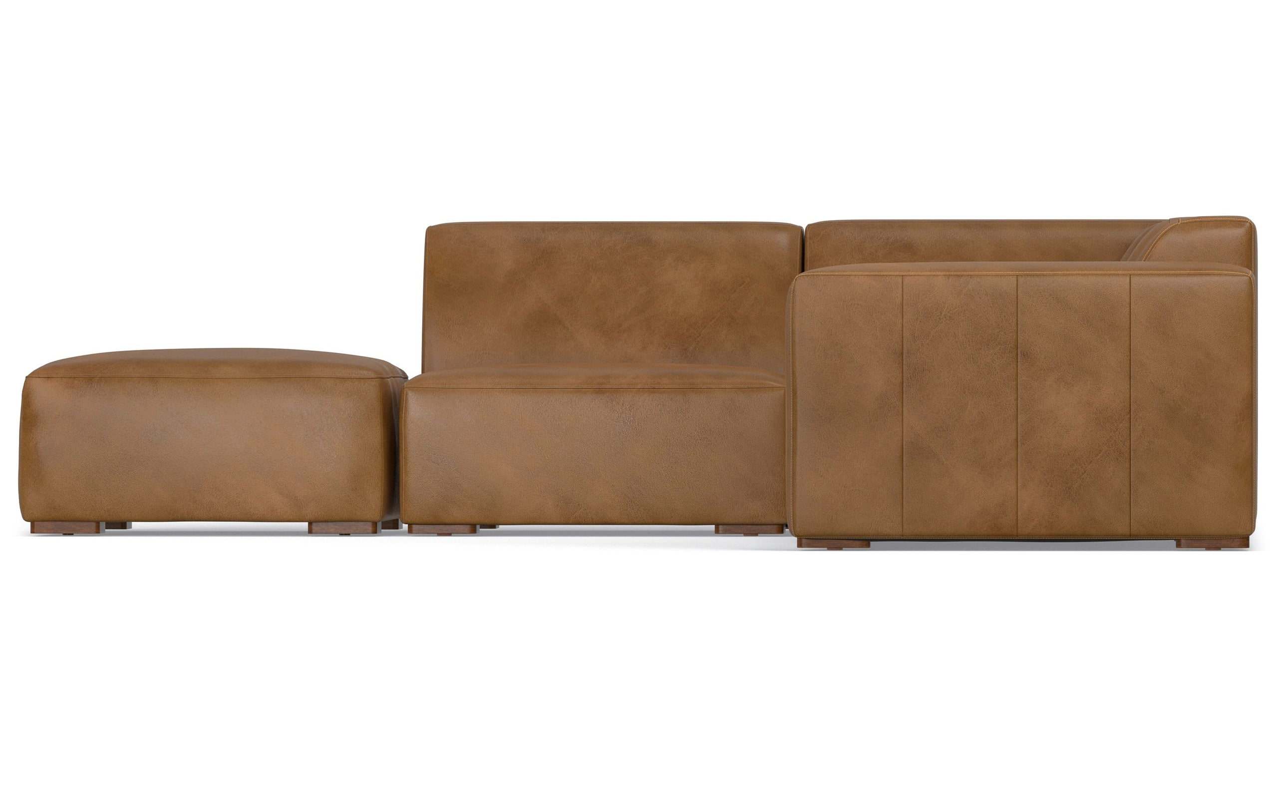 Caramel Brown Genuine Leather | Rex Left Sectional and Ottoman in Genuine Leather