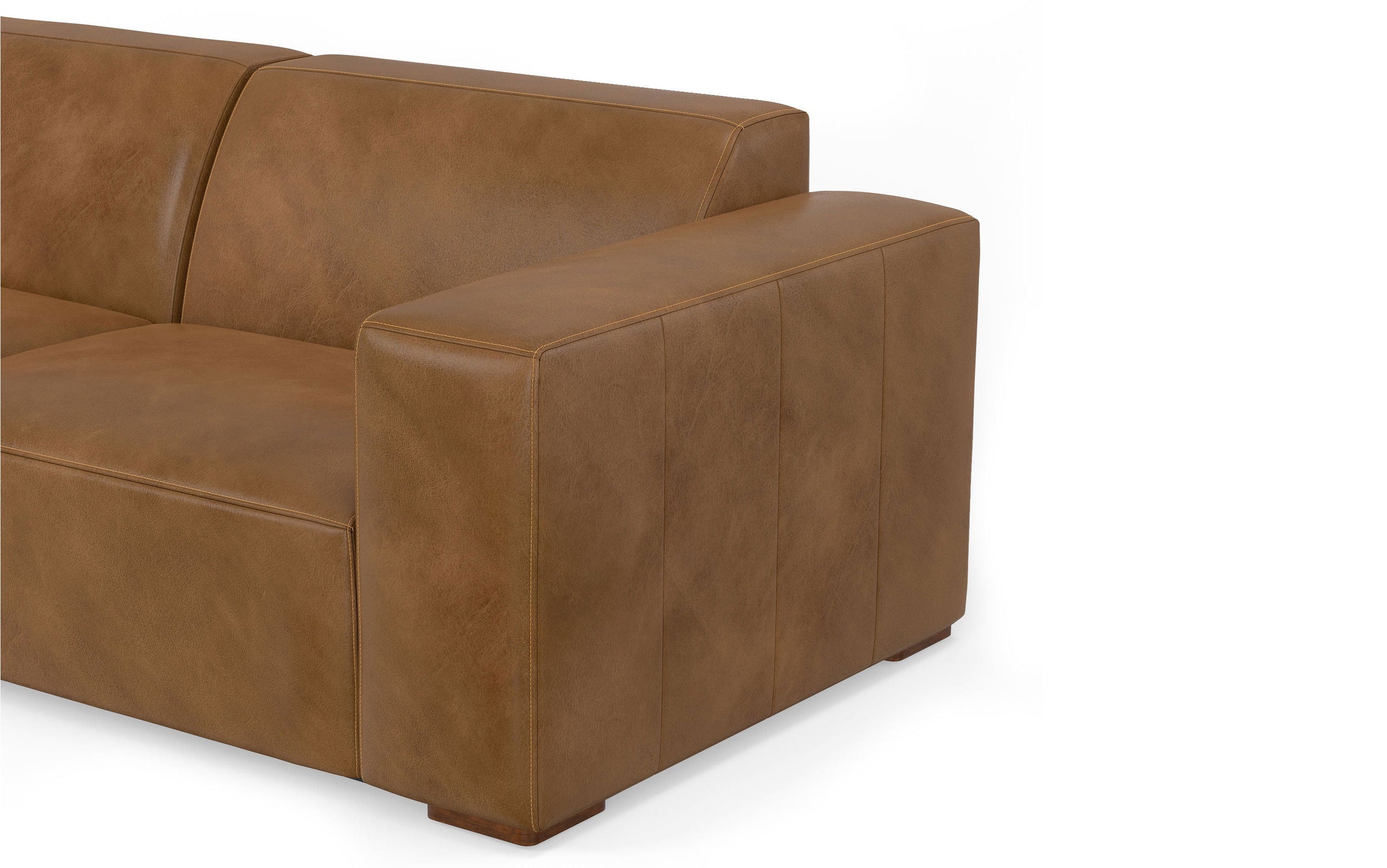 Caramel Brown Genuine Leather | Rex Left Sectional and Ottoman in Genuine Leather
