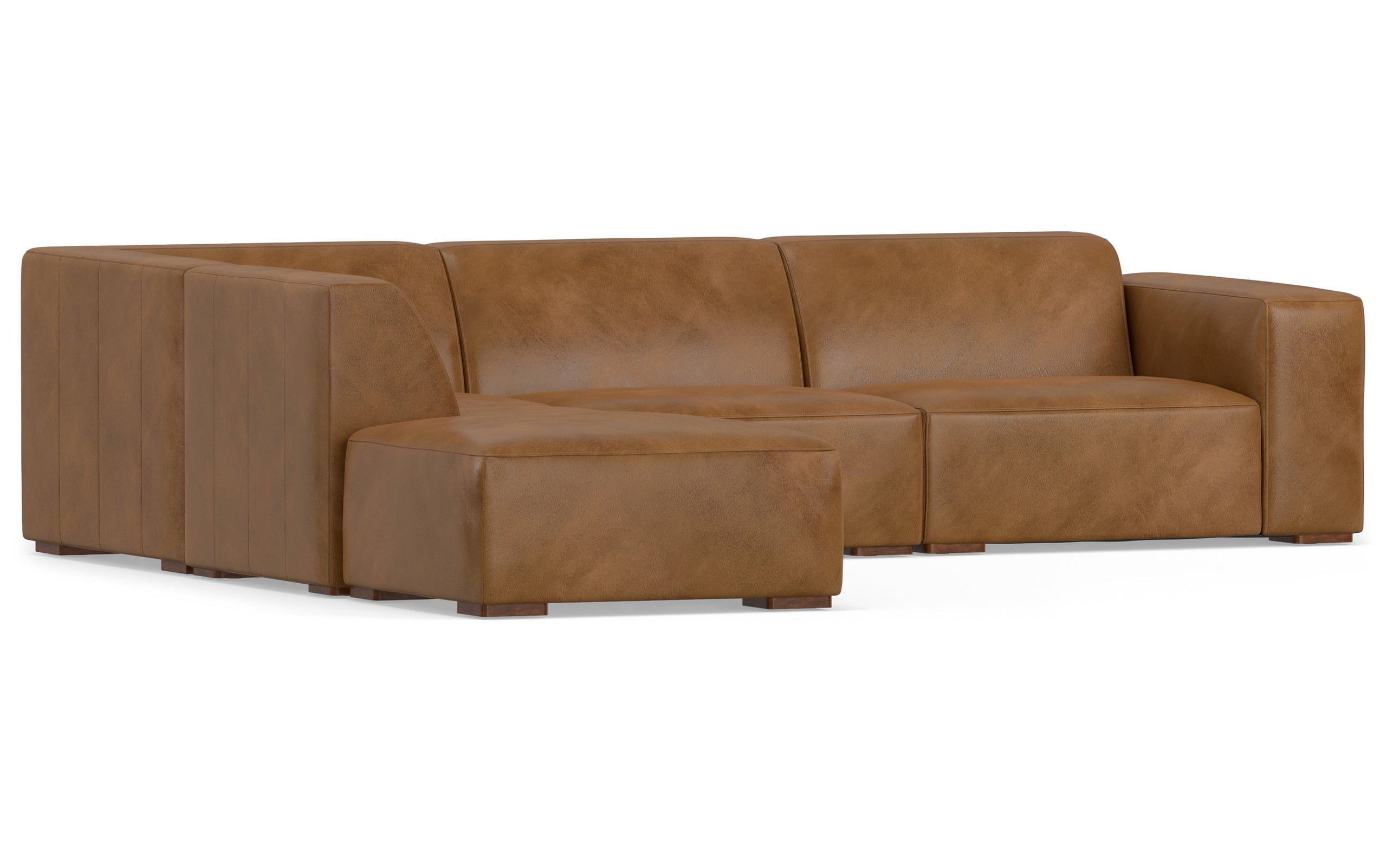 Caramel Brown Genuine Leather | Rex Left Sectional and Ottoman in Genuine Leather