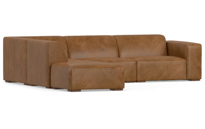 Caramel Brown Genuine Leather | Rex Left Sectional and Ottoman in Genuine Leather