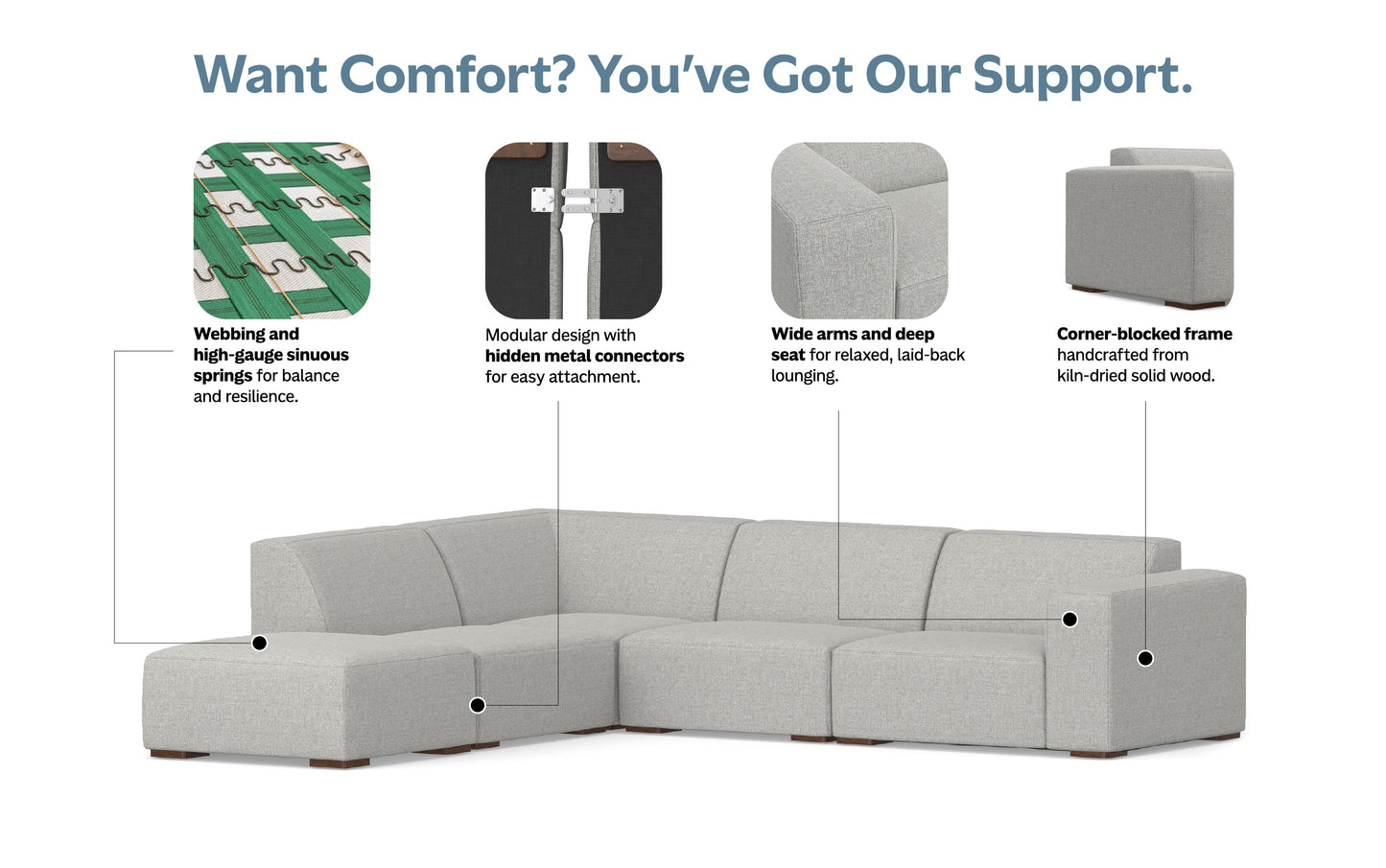 Pale Grey Performance Fabric | Rex Left Sectional and Ottoman in Genuine Leather