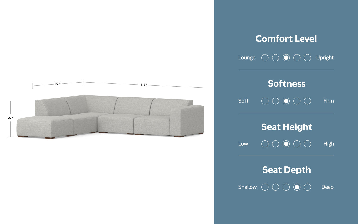 Pale Grey Performance Fabric | Rex Left Sectional and Ottoman in Genuine Leather