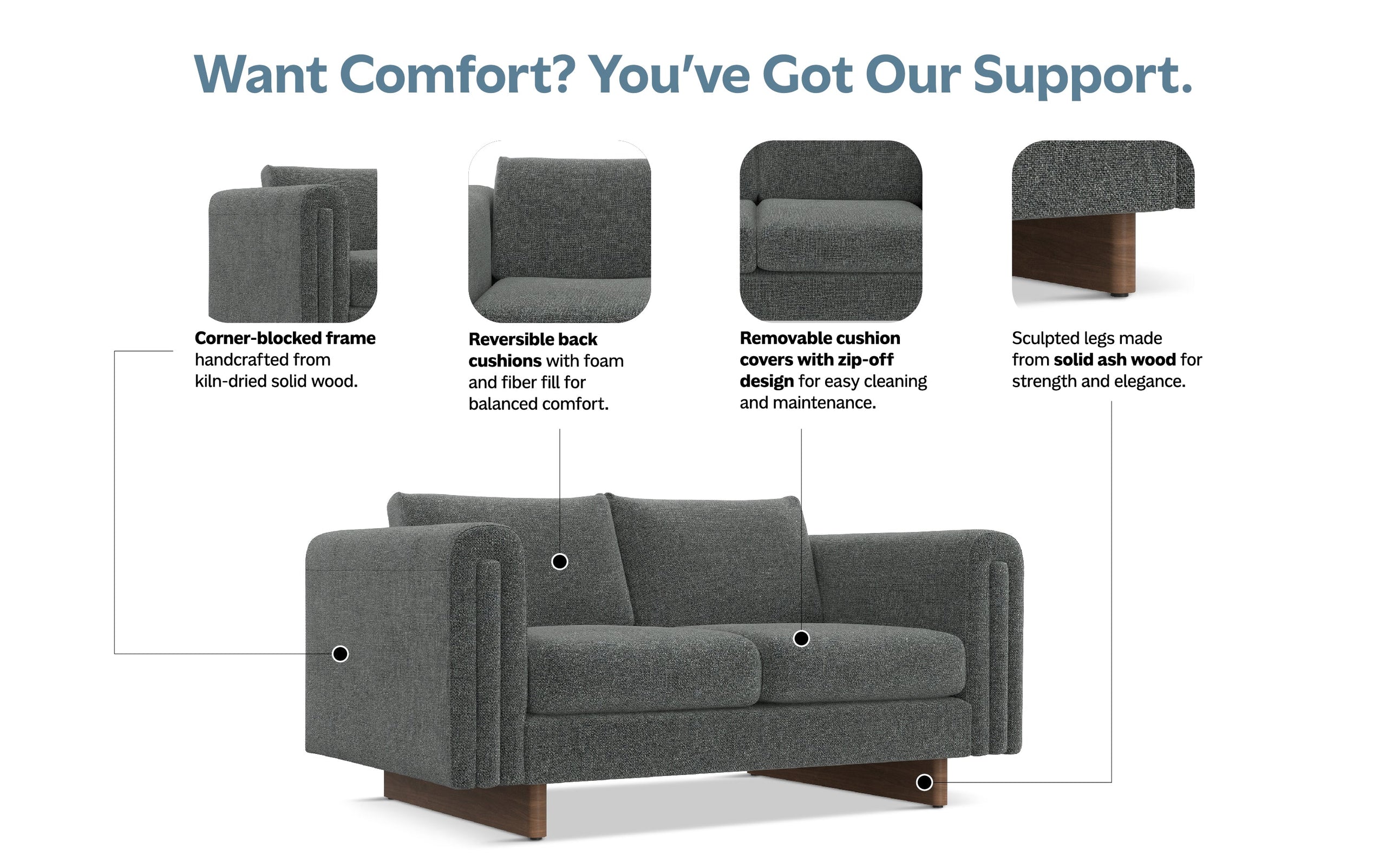 Dark Grey Performance Fabric | Jones 61 inch Loveseat in Performance Fabric