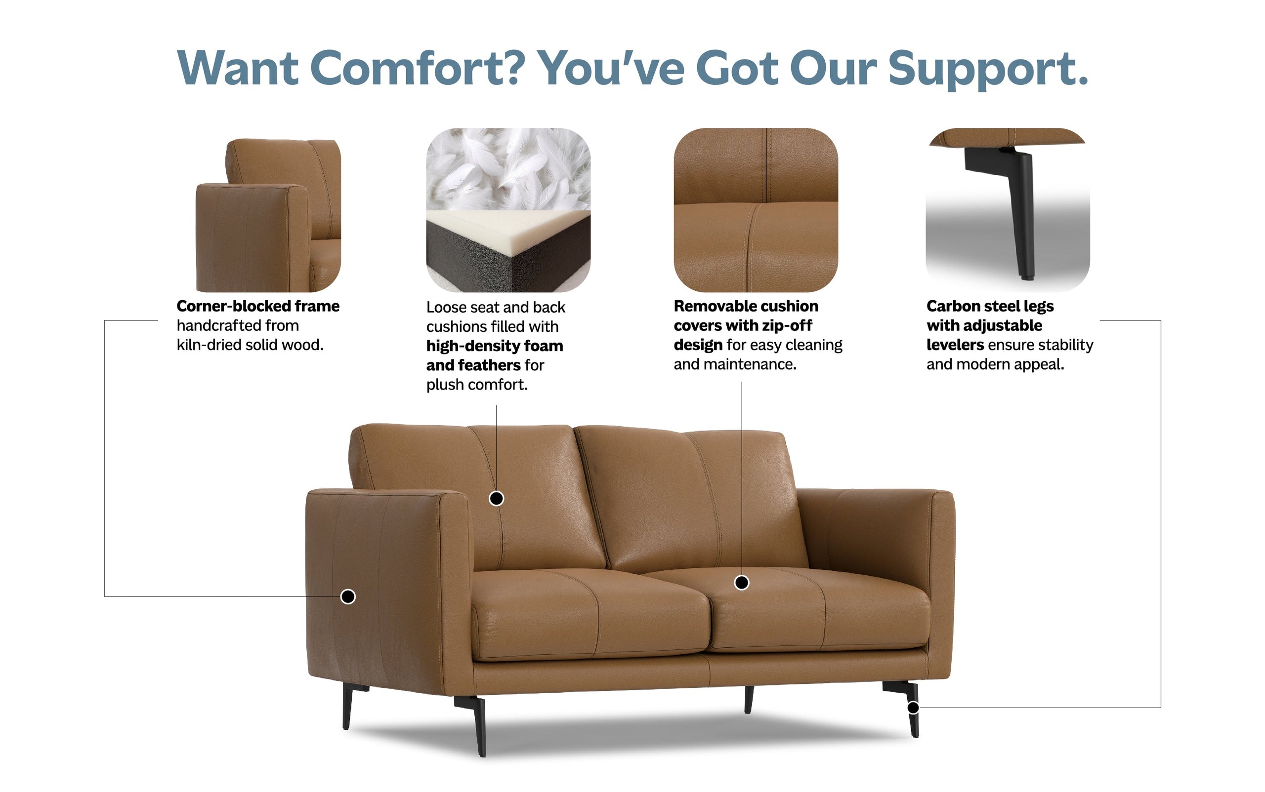 Butternut Brown Genuine Leather | Stevens 60 inch Loveseat in Genuine Leather