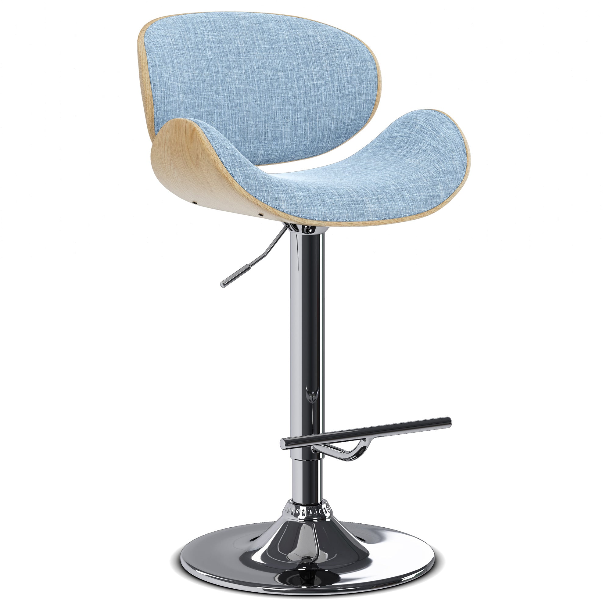 Denim Blue Linen Style Fabric Natural Oak | Marana Bentwood Adjustable Swivel Bar Stool