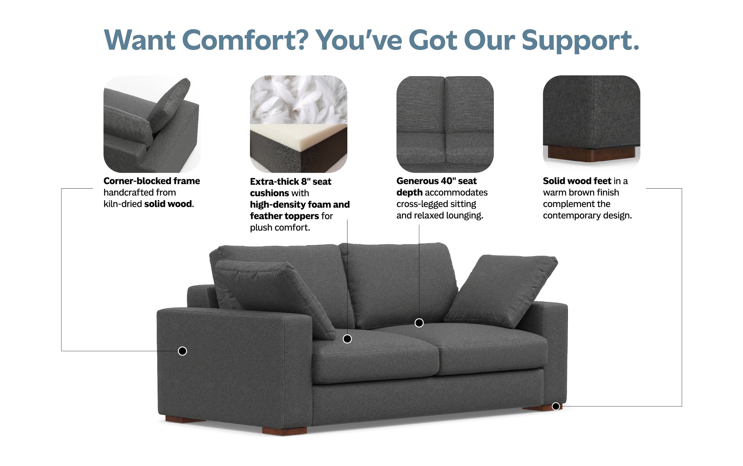 Pebble Grey Performance Fabric | Charlie 78 inch Deep Seater Sofa