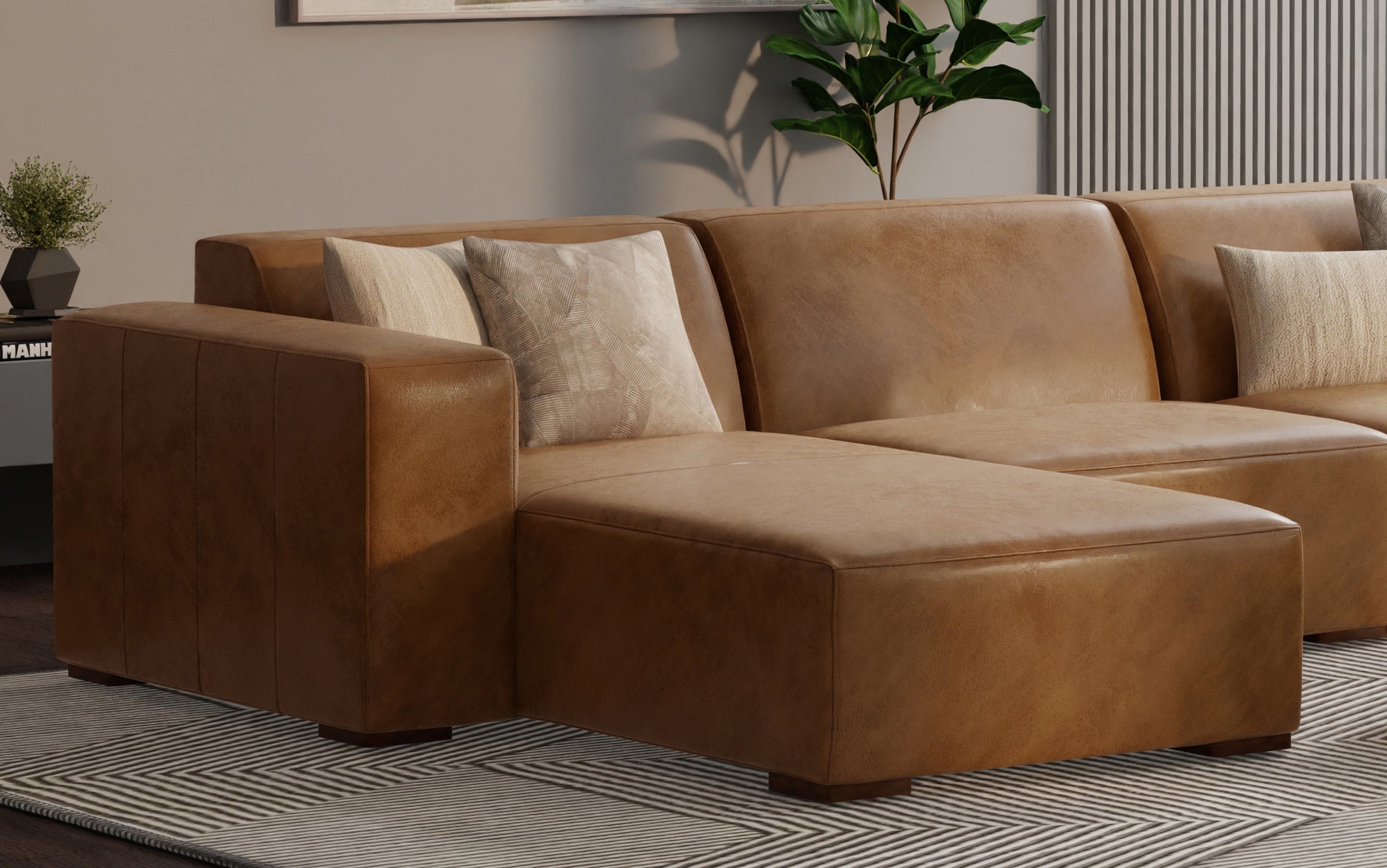 Caramel Brown Genuine Leather | Rex Left Chaise Module in Genuine Leather