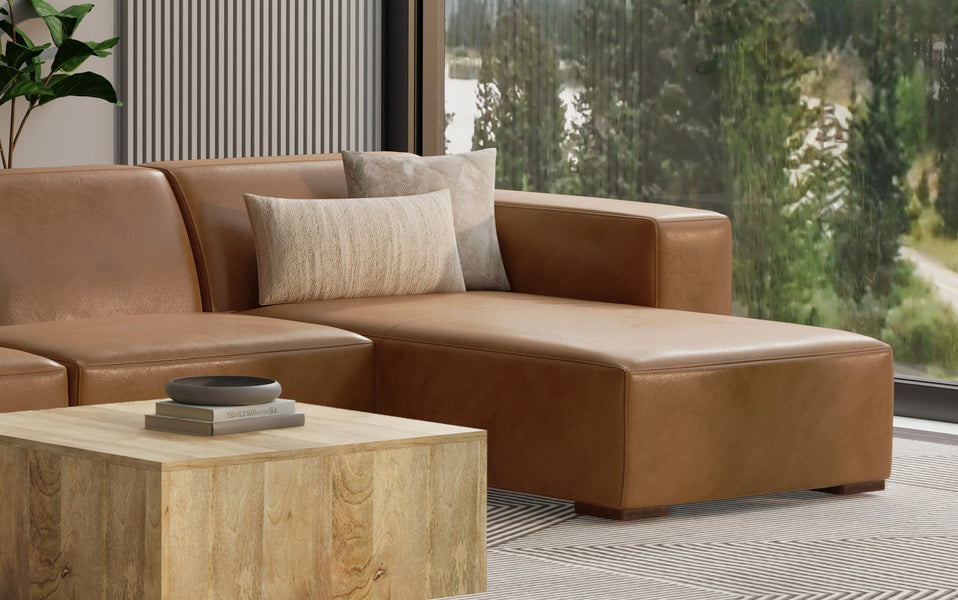 Caramel Brown Genuine Leather | Rex Right Chaise Module in Genuine Leather