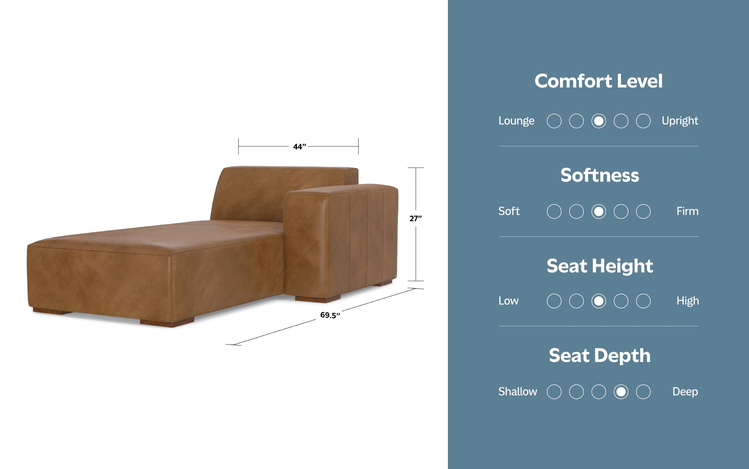 Caramel Brown Genuine Leather |  Rex Right Chaise Module in Genuine Leather