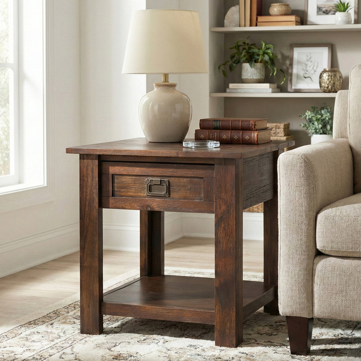Distressed Charcoal Brown | Monroe End Table in Acacia