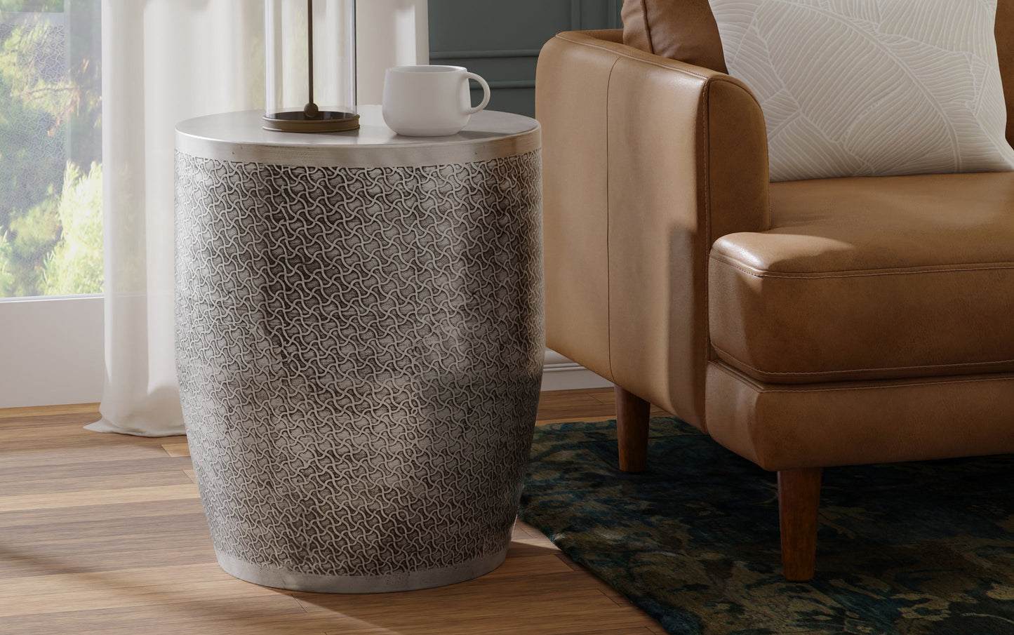 Antique Silver Web Pattern | Johnsen 18 inch Cross Hatch Pattern Accent Table