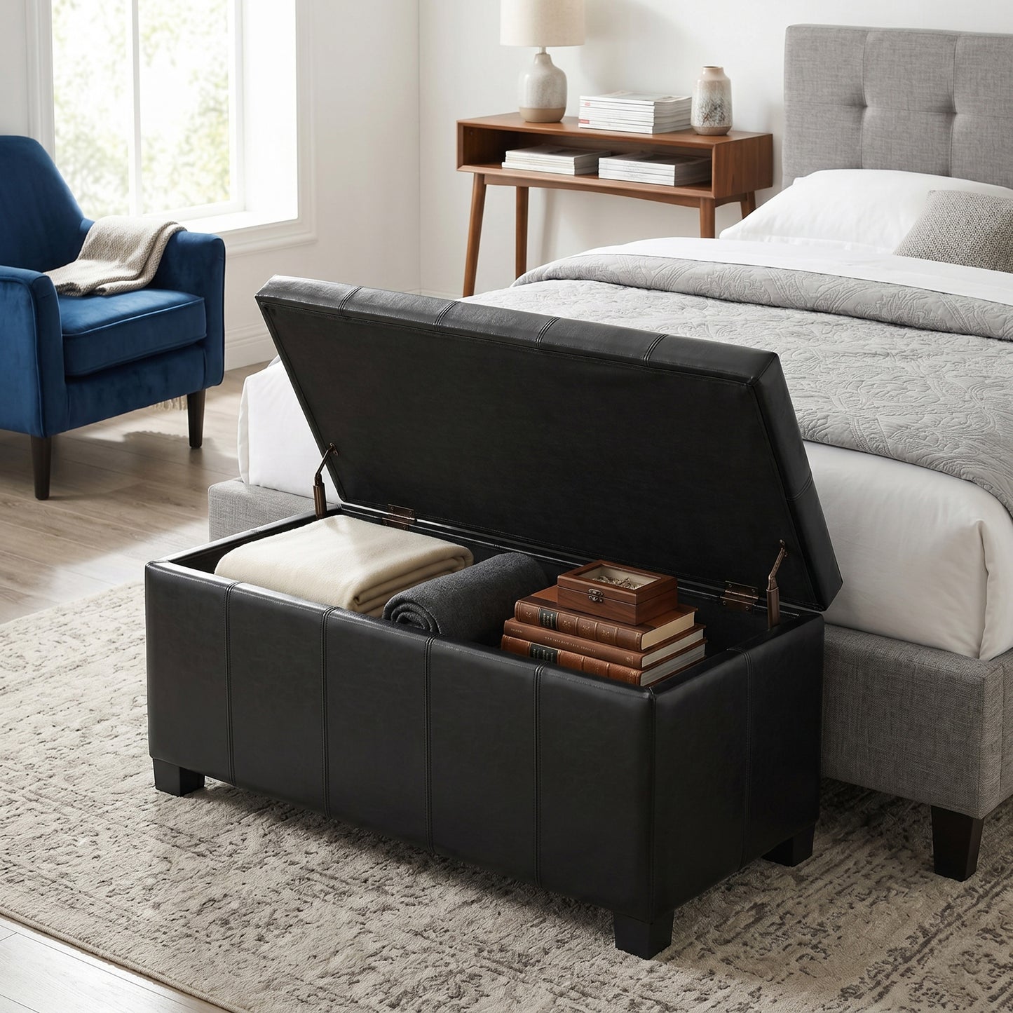 Midnight Black Vegan Leather | Dover Storage Ottoman in Vegan Leather