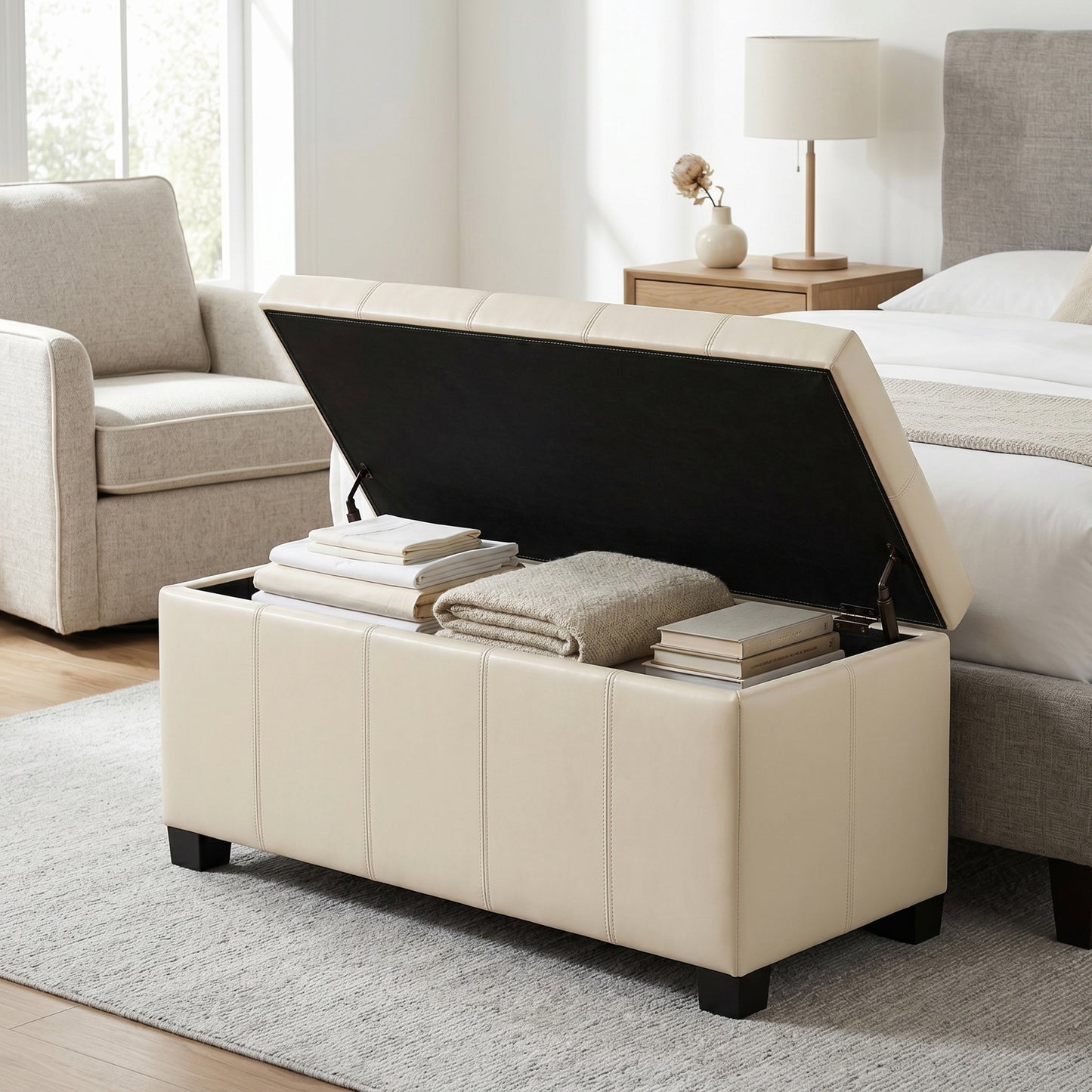 Satin Cream Vegan Leather | Dover Storage Ottoman in Vegan Leather