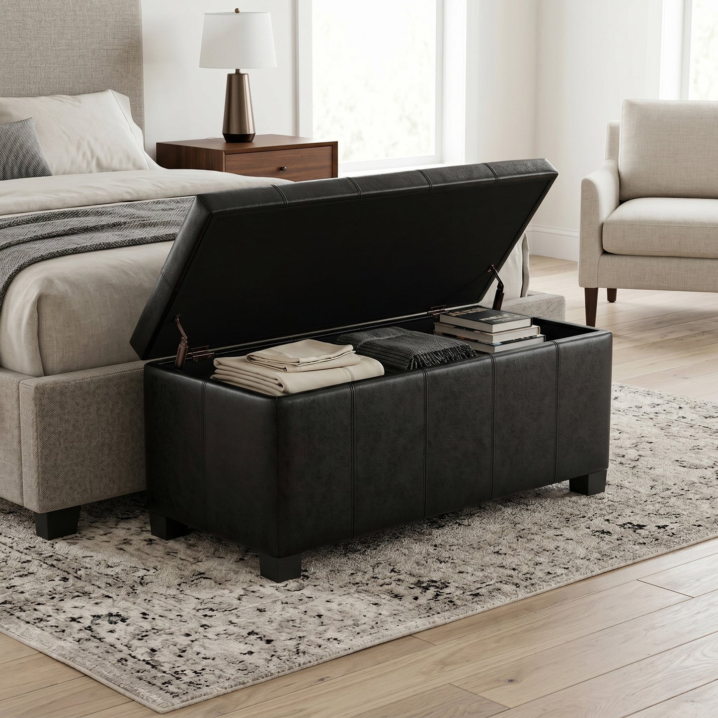 Distressed Black Distressed Vegan Leather | Dover Storage Ottoman in Distressed Vegan Leather