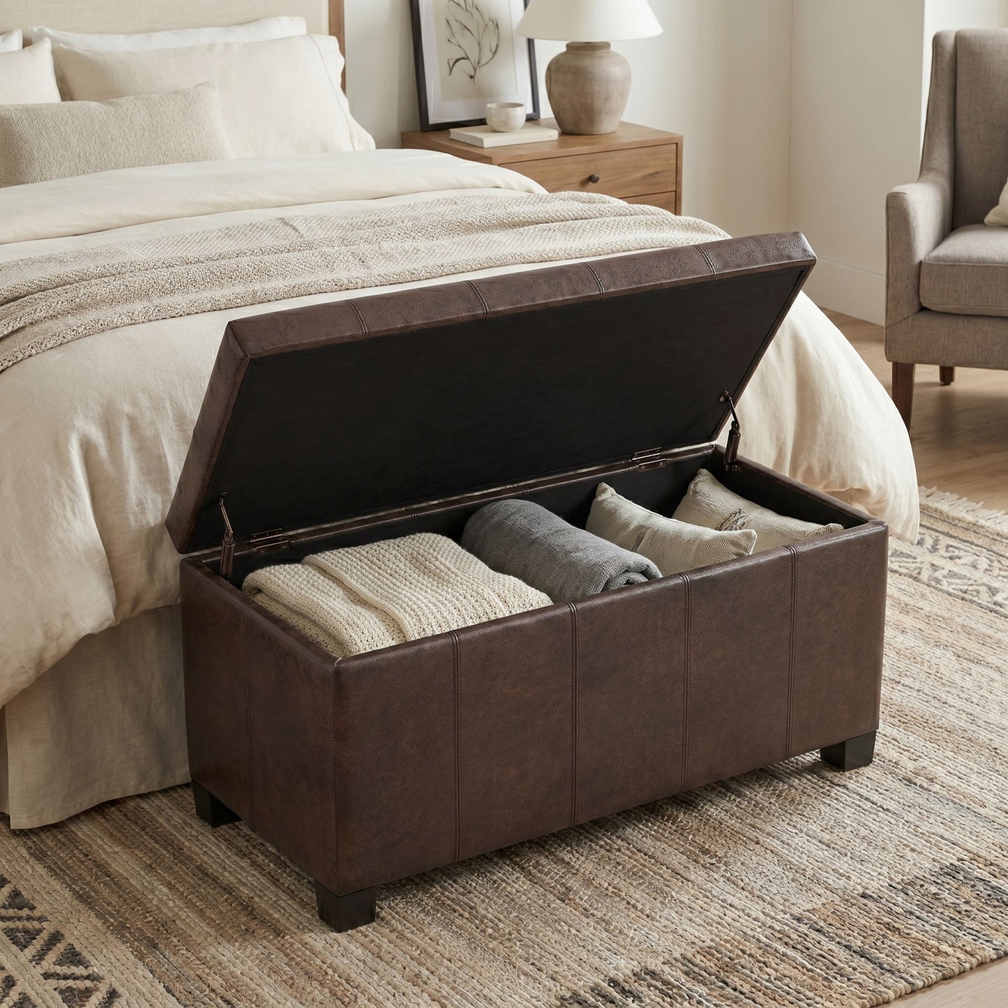 Distressed Brown Distressed Vegan Leather | Dover Storage Ottoman in Distressed Vegan Leather