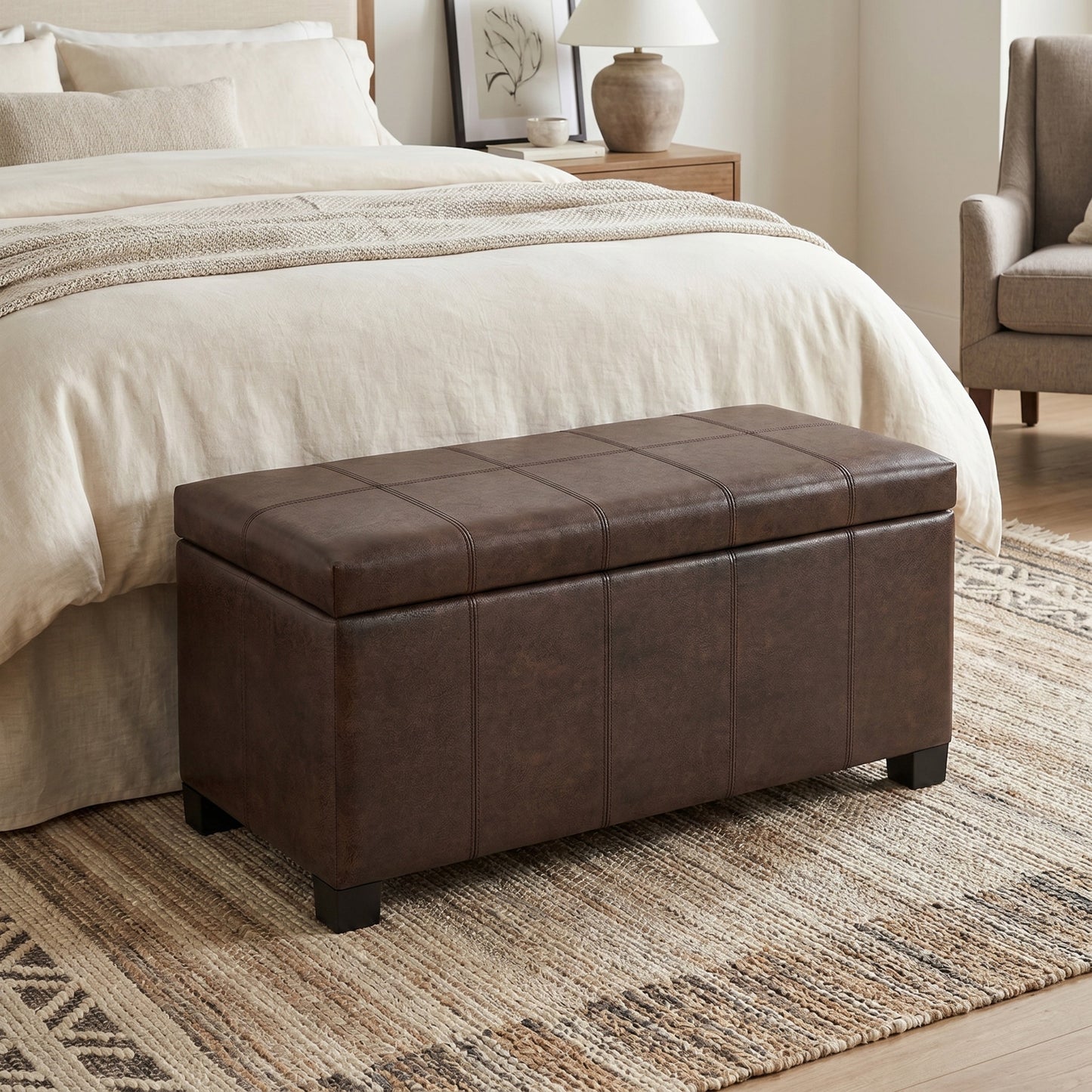 Distressed Brown Distressed Vegan Leather | Dover Storage Ottoman in Distressed Vegan Leather