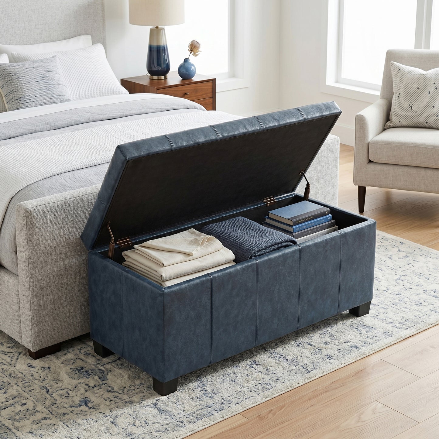 Denim Blue Vegan Leather | Dover Storage Ottoman in Vegan Leather