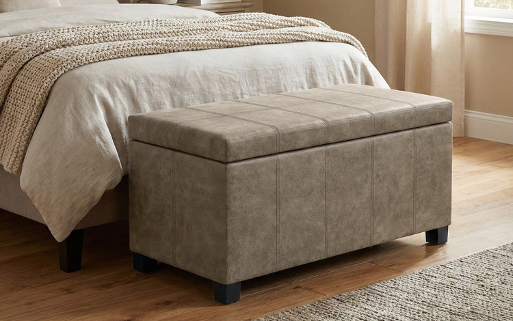 Distressed Smoky Grey Brown Distressed Vegan Leather | Dover Vegan Leather Storage Ottoman