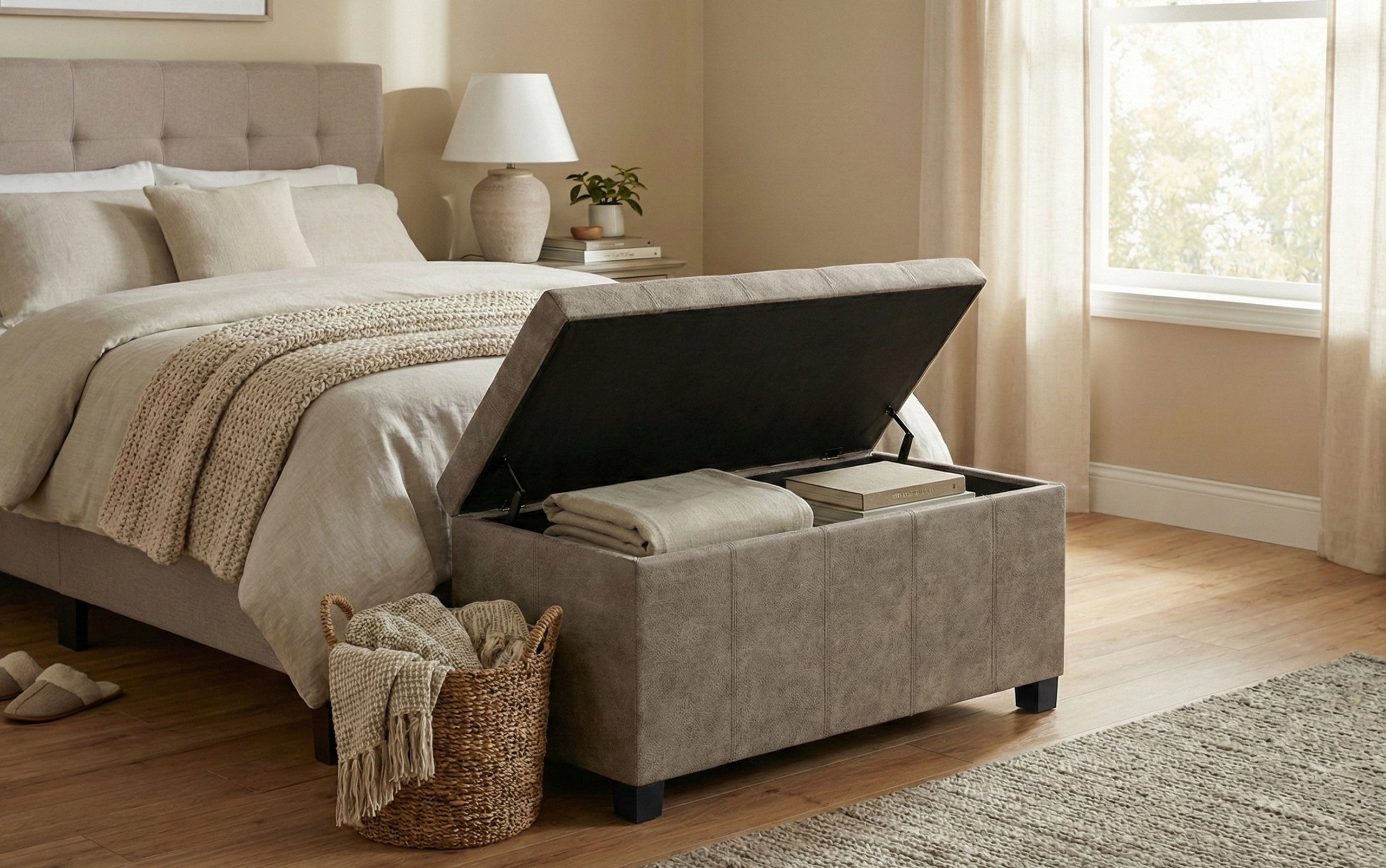 Distressed Smoky Grey Brown Distressed Vegan Leather | Dover Vegan Leather Storage Ottoman