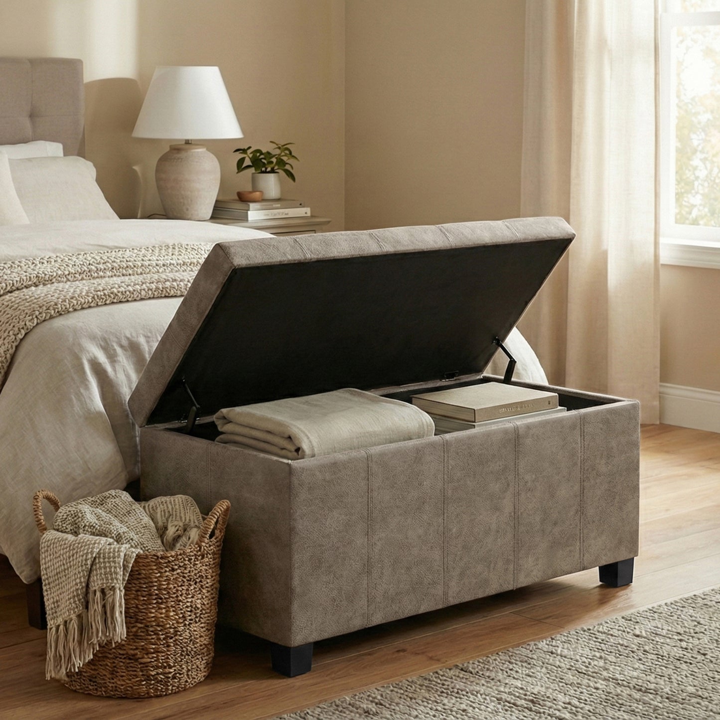Distressed Smoky Grey Brown Distressed Vegan Leather | Dover Storage Ottoman in Distressed Vegan Leather