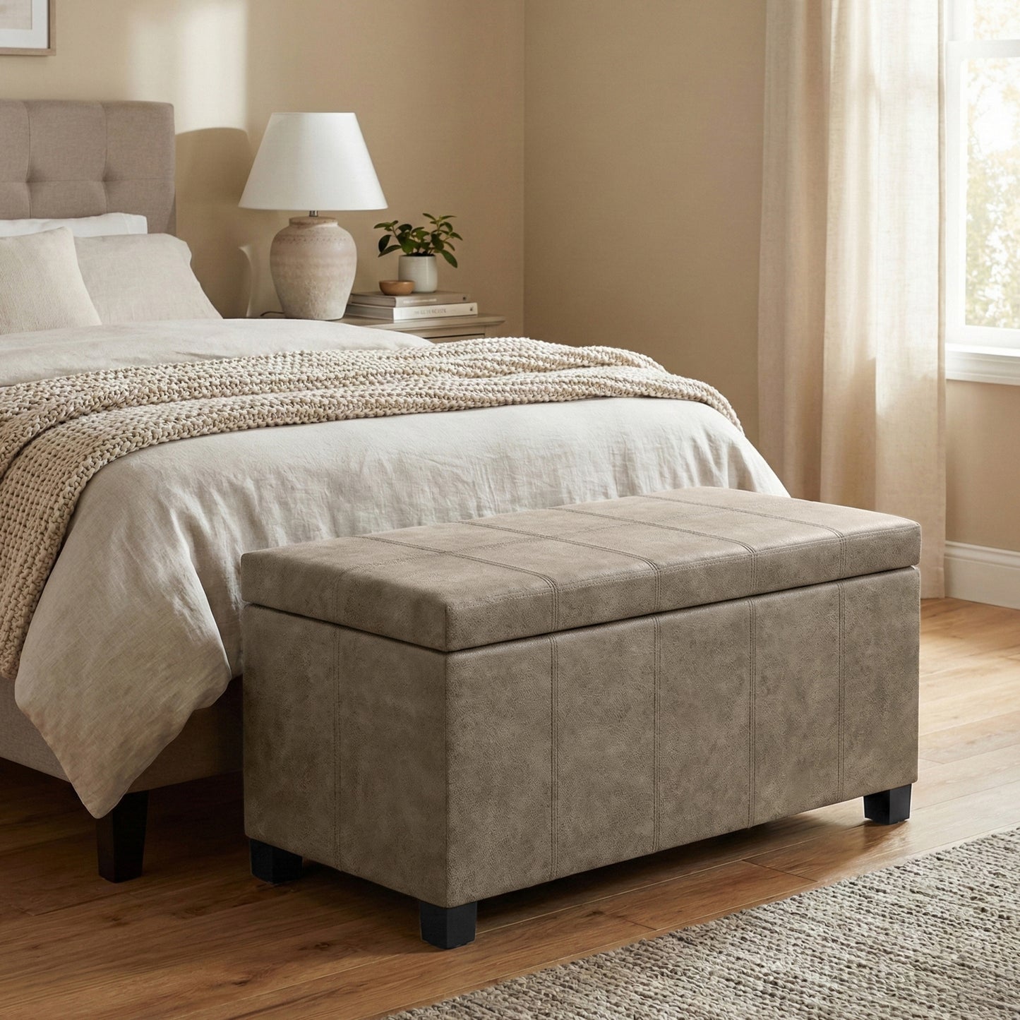 Distressed Smoky Grey Brown Distressed Vegan Leather | Dover Storage Ottoman in Distressed Vegan Leather