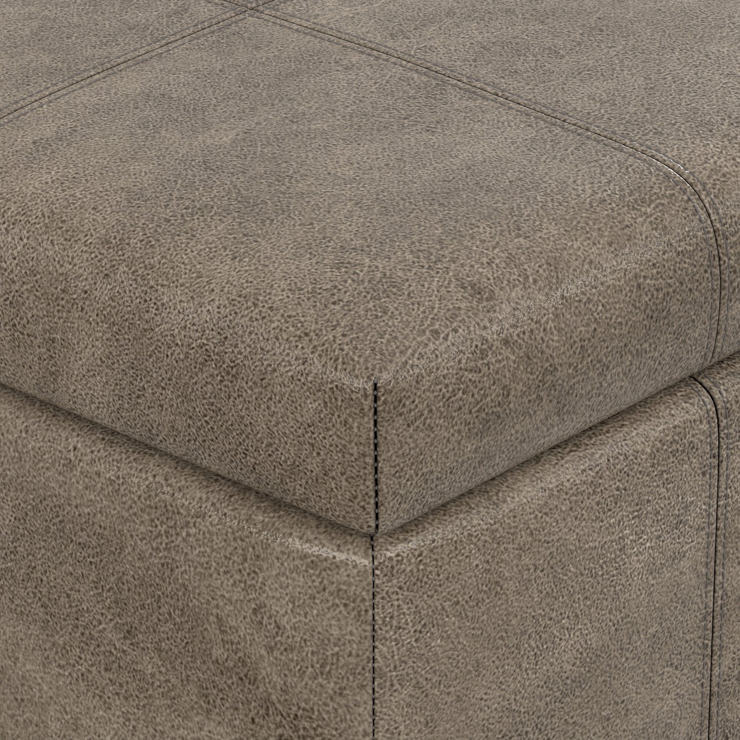 Distressed Smoky Grey Brown Distressed Vegan Leather | Dover Storage Ottoman in Distressed Vegan Leather
