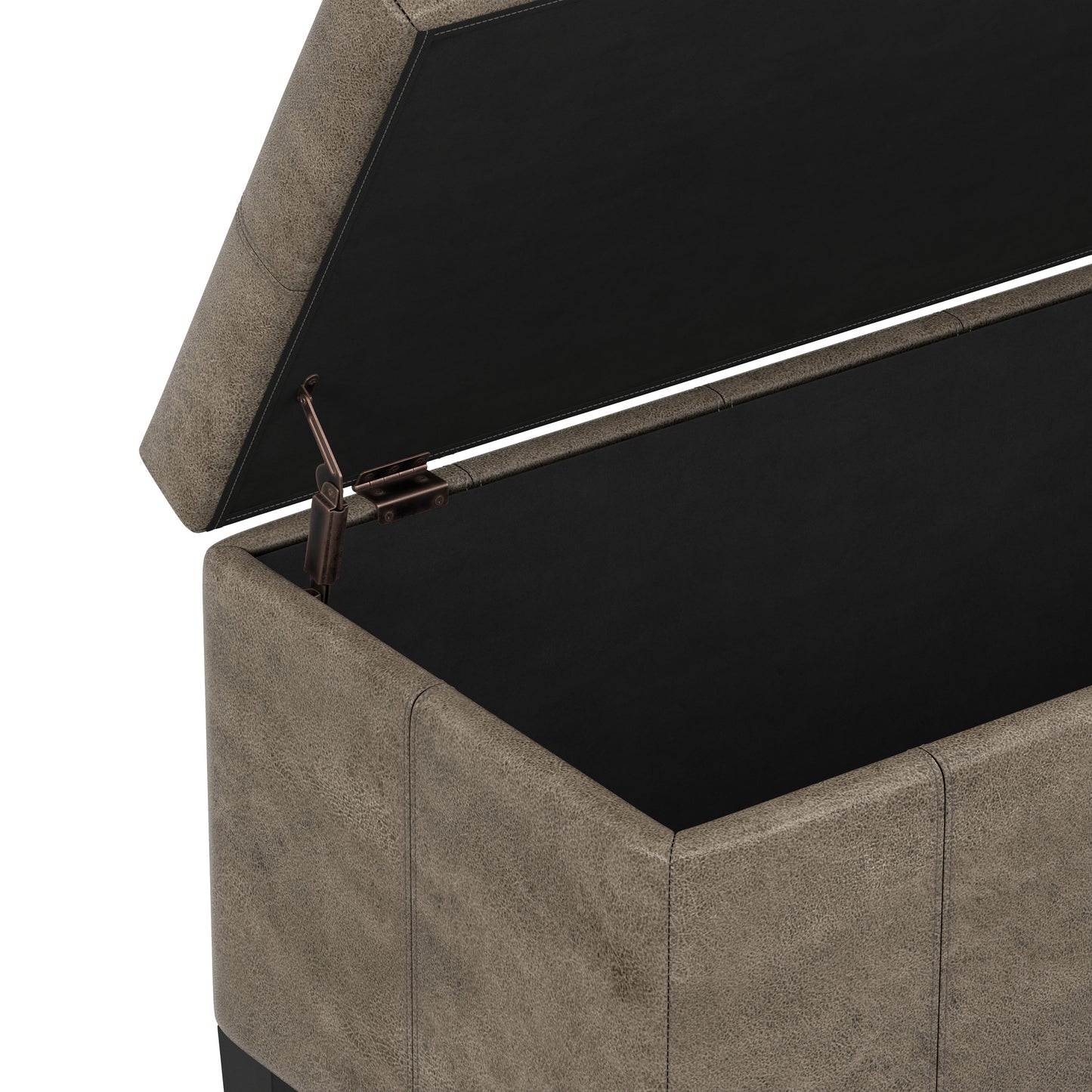 Distressed Smoky Grey Brown Distressed Vegan Leather | Dover Storage Ottoman in Distressed Vegan Leather