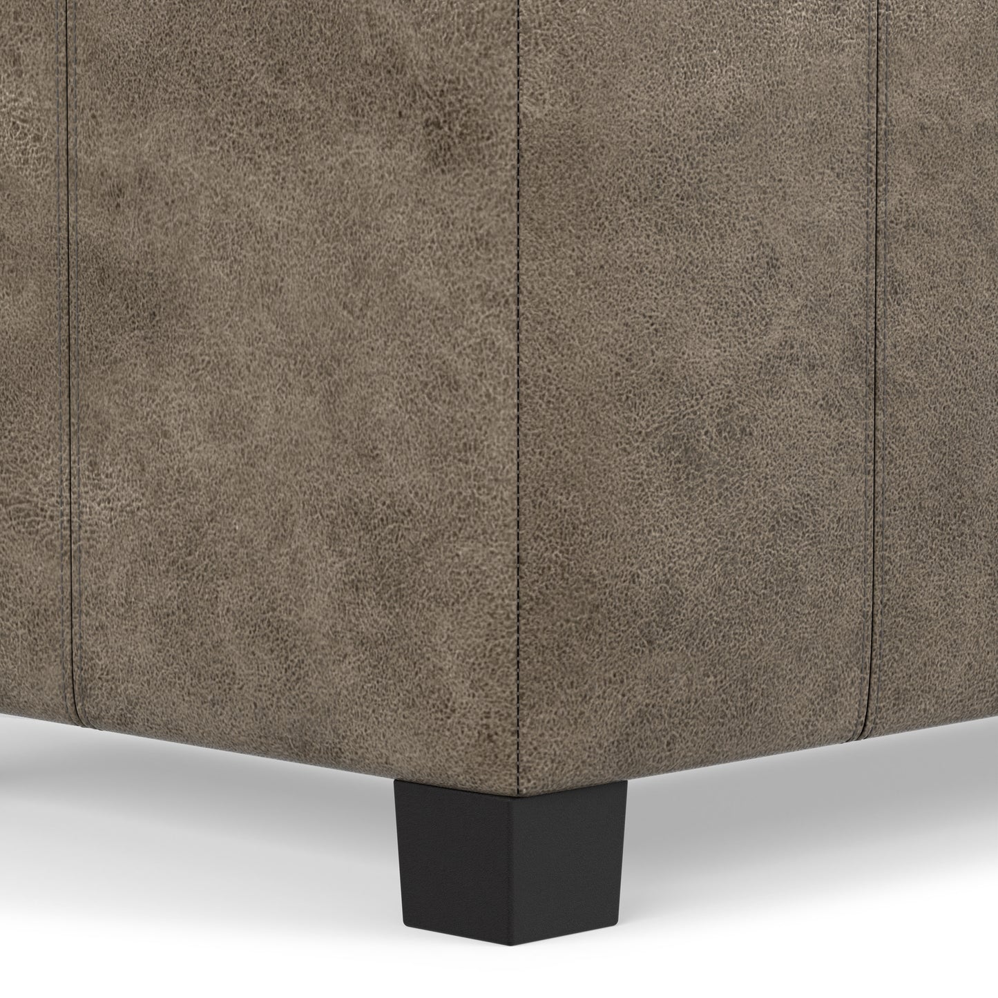 Distressed Smoky Grey Brown Distressed Vegan Leather | Dover Storage Ottoman in Distressed Vegan Leather