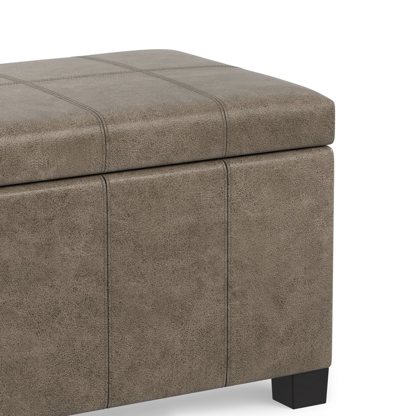 Distressed Smoky Grey Brown Distressed Vegan Leather | Dover Storage Ottoman in Distressed Vegan Leather