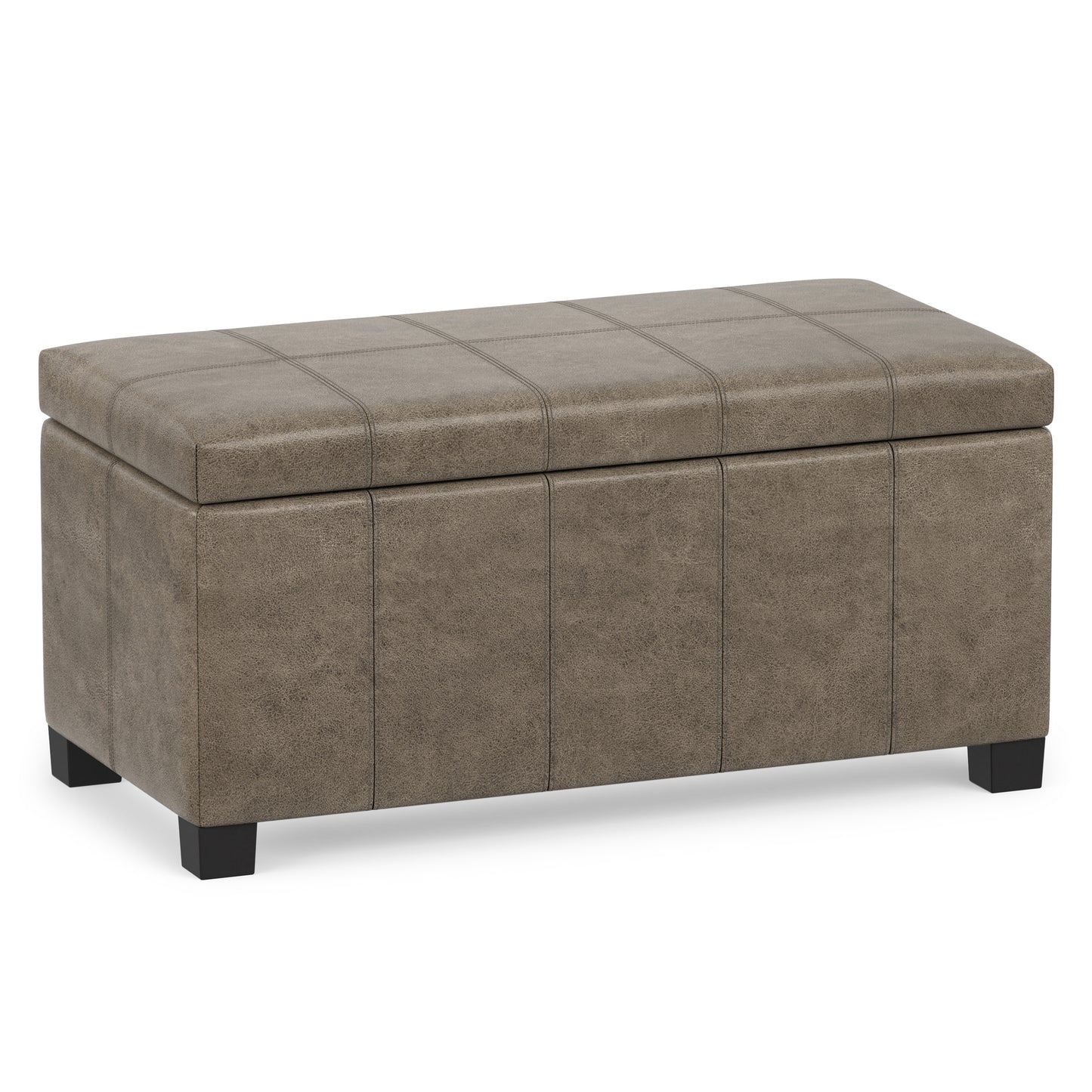 Distressed Smoky Grey Brown Distressed Vegan Leather | Dover Storage Ottoman in Distressed Vegan Leather