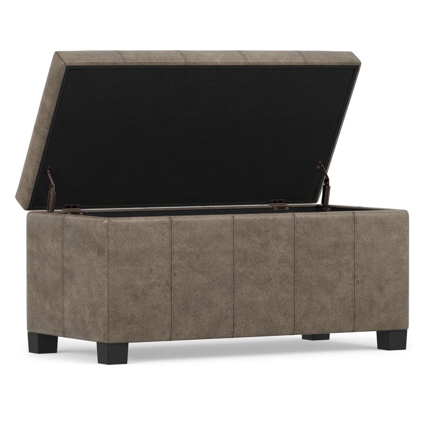 Distressed Smoky Grey Brown Distressed Vegan Leather | Dover Storage Ottoman in Distressed Vegan Leather