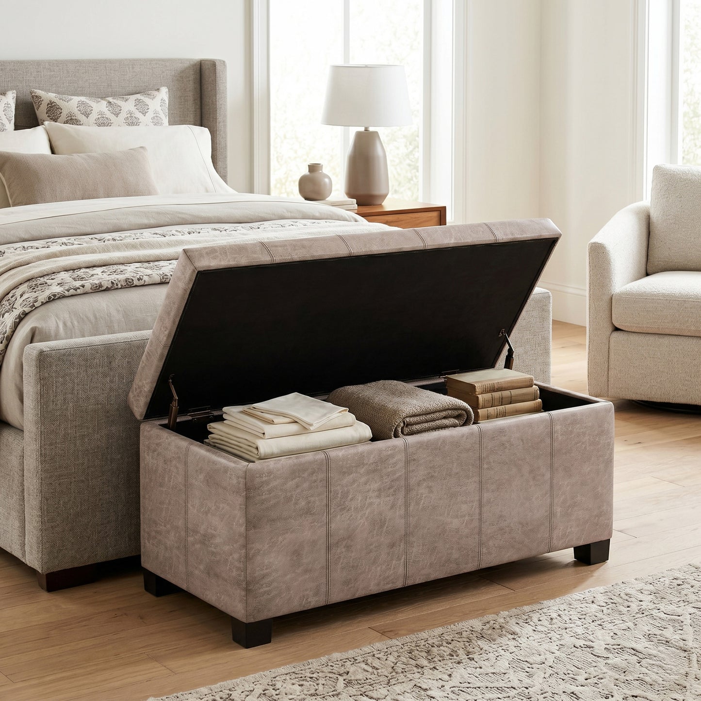 Distressed Grey Taupe Distressed Vegan Leather | Dover Storage Ottoman in Distressed Vegan Leather