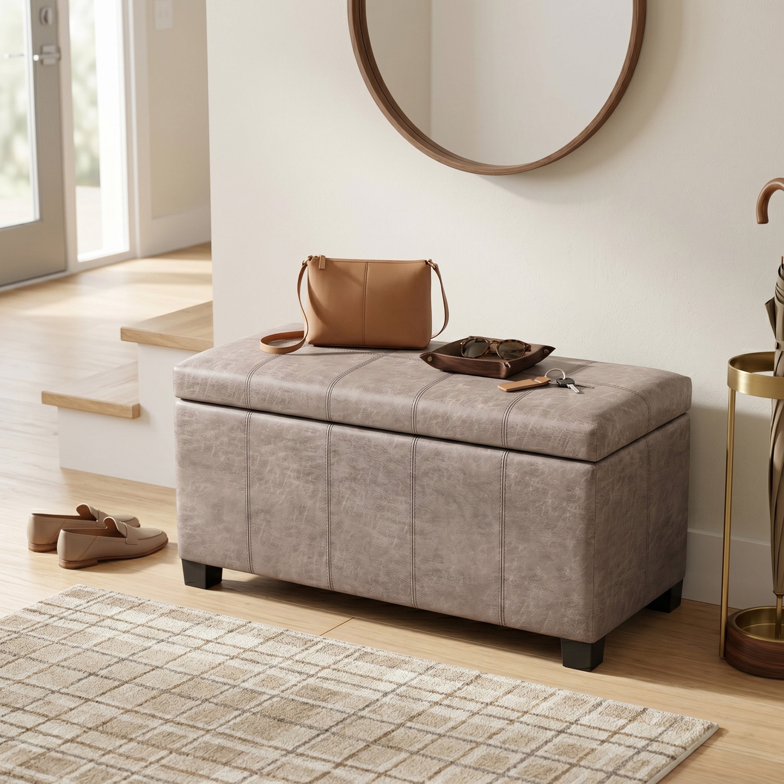 Distressed Grey Taupe Distressed Vegan Leather | Dover Storage Ottoman in Distressed Vegan Leather