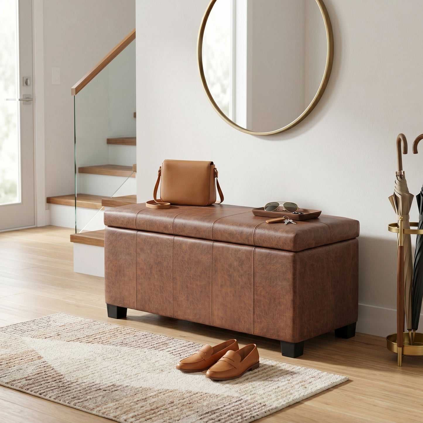 Distressed Saddle Brown Distressed Vegan Leather | Dover Storage Ottoman in Distressed Vegan Leather