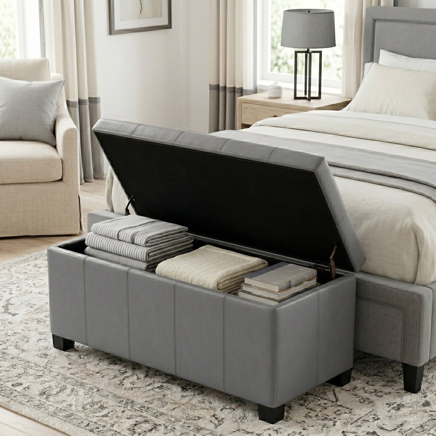 Stone Grey Vegan Leather | Dover Storage Ottoman in Vegan Leather