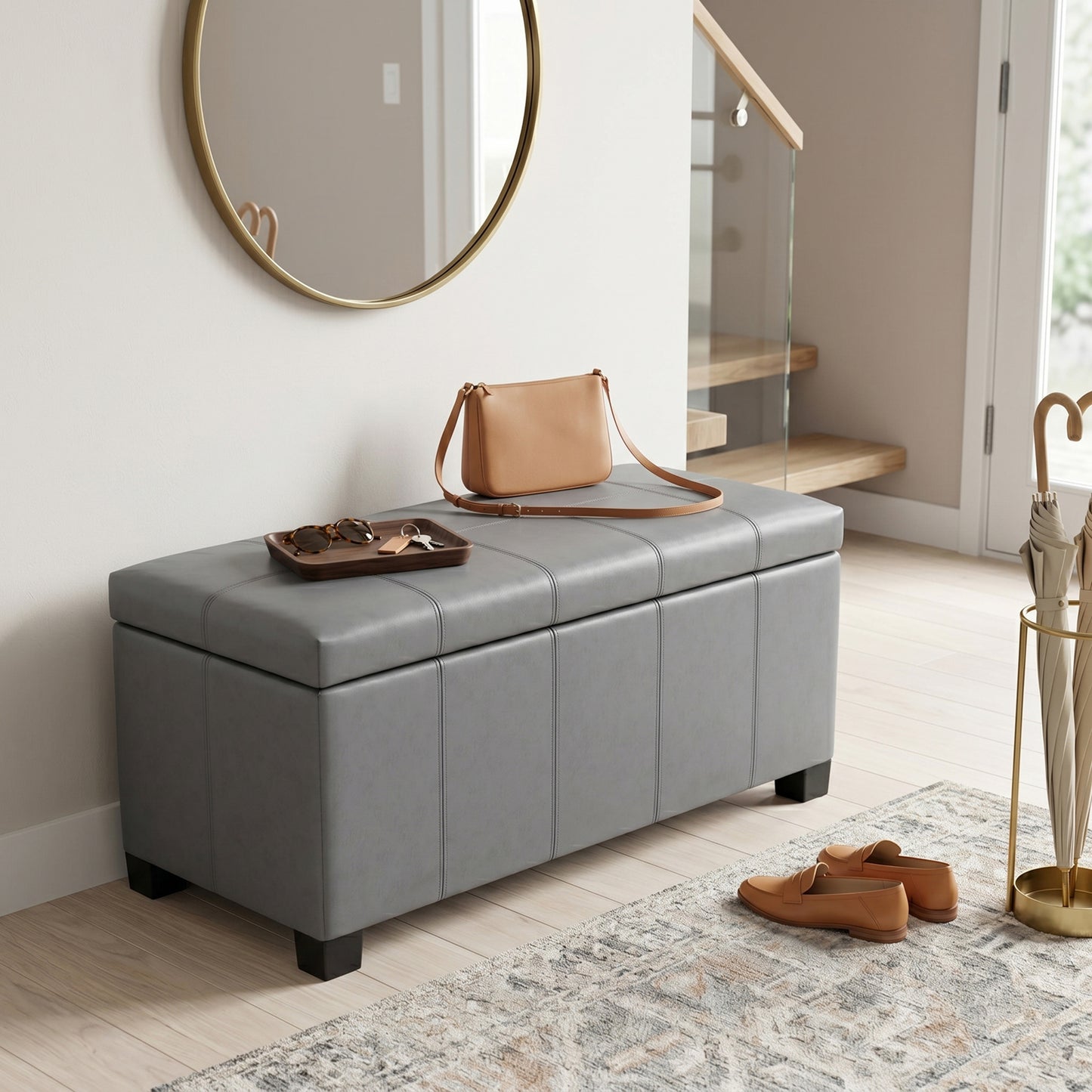 Stone Grey Vegan Leather | Dover Storage Ottoman in Vegan Leather