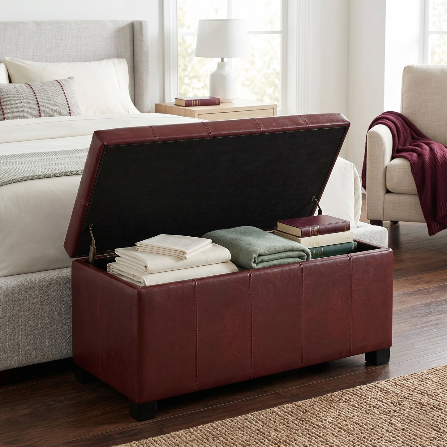 Radicchio Red Vegan Leather | Dover Storage Ottoman in Vegan Leather