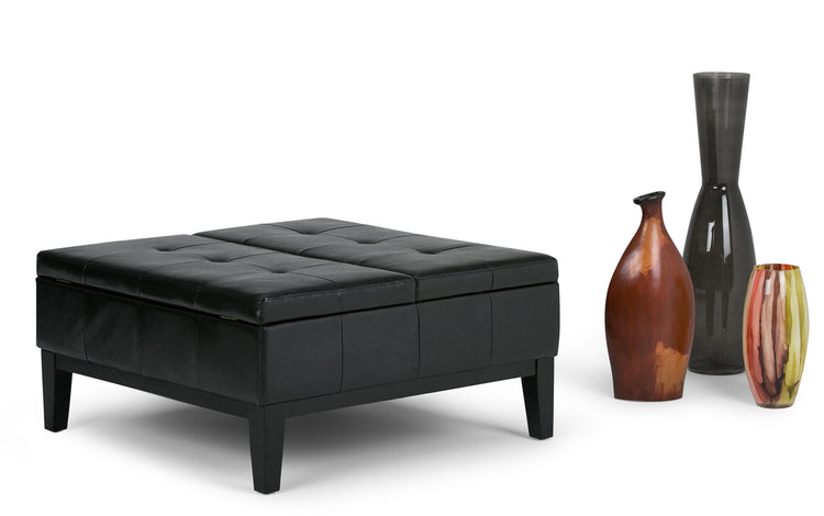 Midnight Black Vegan Leather | Dover Square Vegan Leather Coffee Table Storage Ottoman