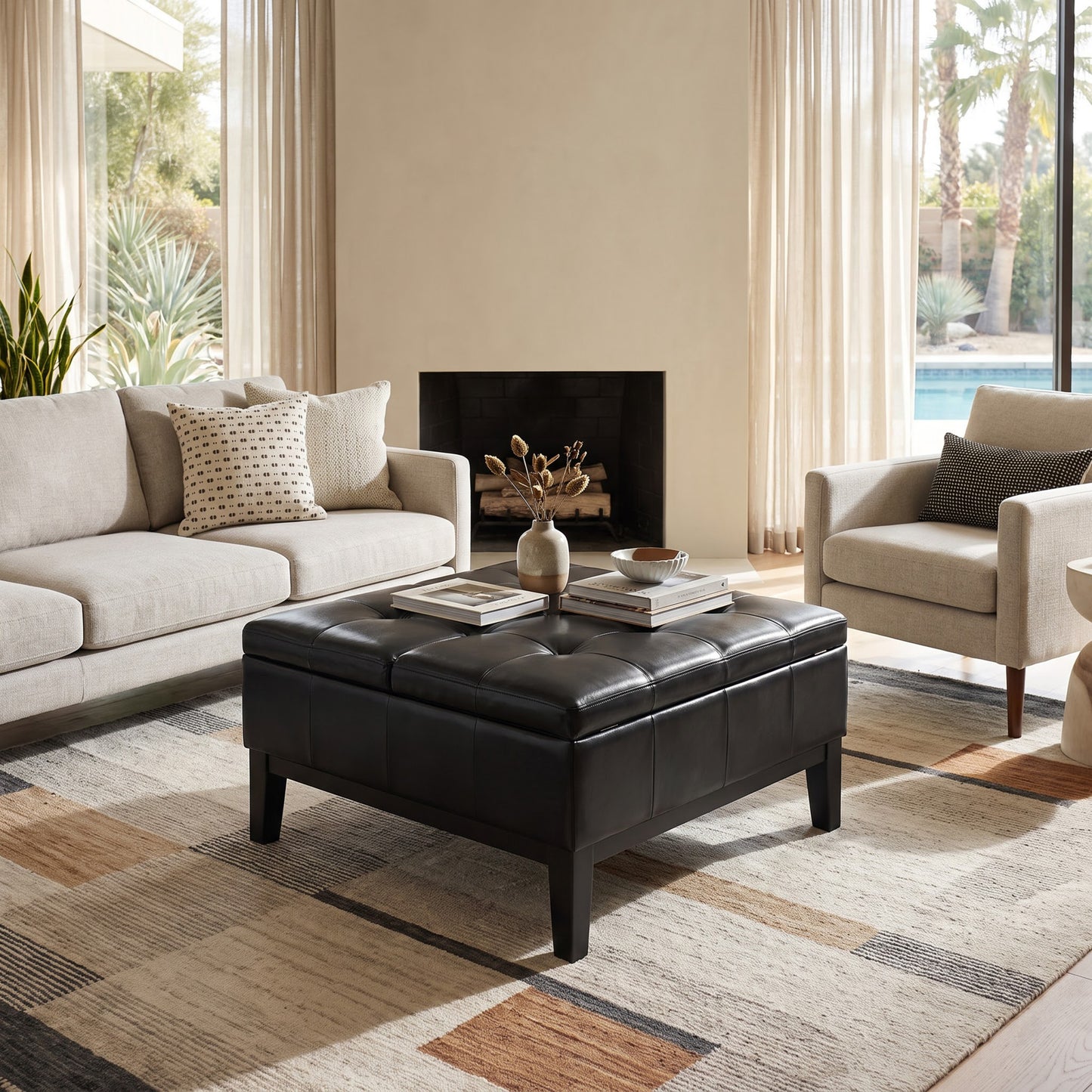 Midnight Black Vegan Leather | Dover Table Ottoman in Vegan Leather