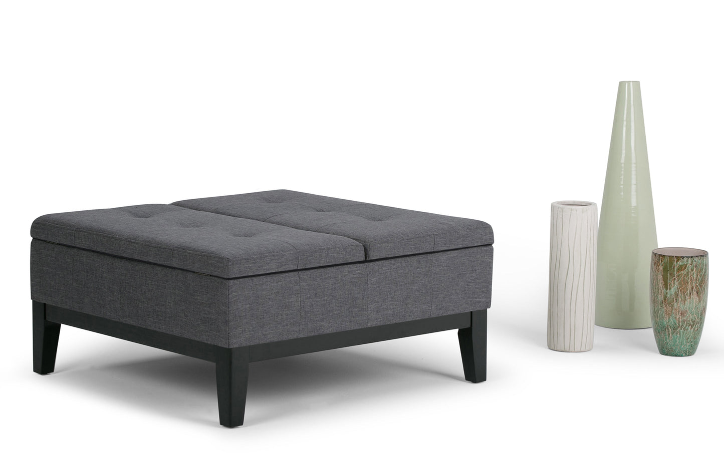 Slate Grey Linen Style Fabric | Dover Square Vegan Leather Coffee Table Storage Ottoman