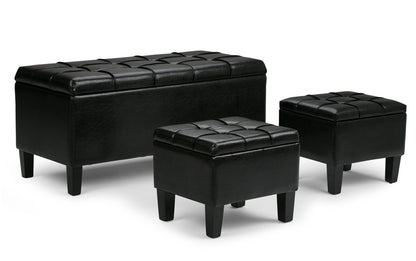 Midnight Black Vegan Leather | Dover 3 piece Vegan Leather Storage Ottoman