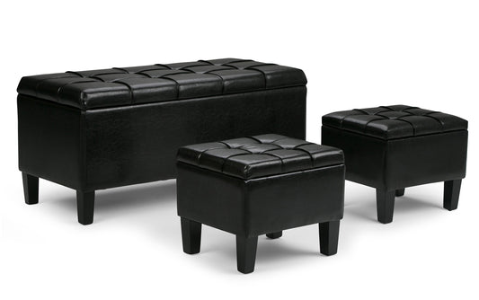 Midnight Black Vegan Leather | Dover 3 piece Vegan Leather Storage Ottoman