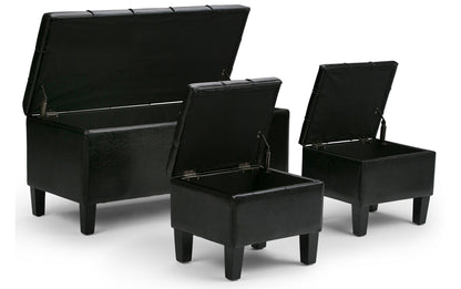 Midnight Black Vegan Leather | Dover 3 piece Vegan Leather Storage Ottoman