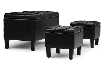 Midnight Black Vegan Leather | Dover 3 piece Vegan Leather Storage Ottoman