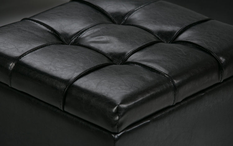 Midnight Black Vegan Leather | Dover 3 piece Vegan Leather Storage Ottoman