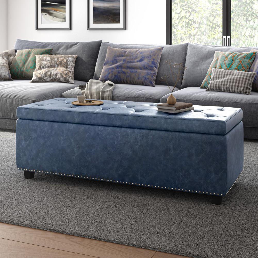 Denim Blue Vegan Leather | Hamilton Large Storage Ottoman Bench