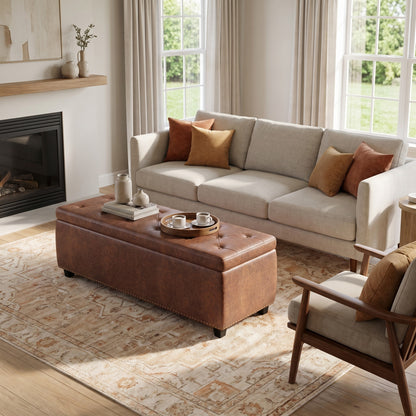 Distressed Saddle Brown Distressed Vegan Leather | Hamilton Storage Ottoman in Distressed Vegan Leather