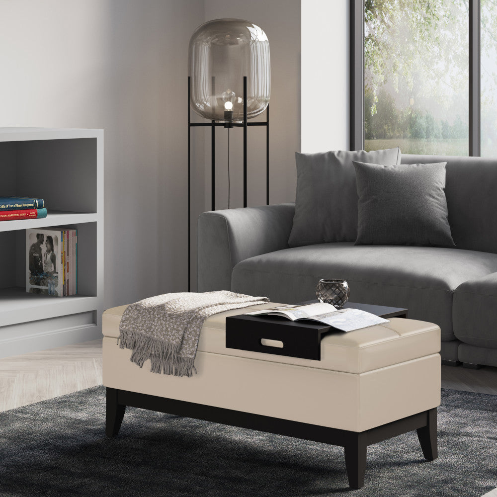 Satin Cream Vegan Leather | Oregon Vegan Leather Storage Ottoman with Tray